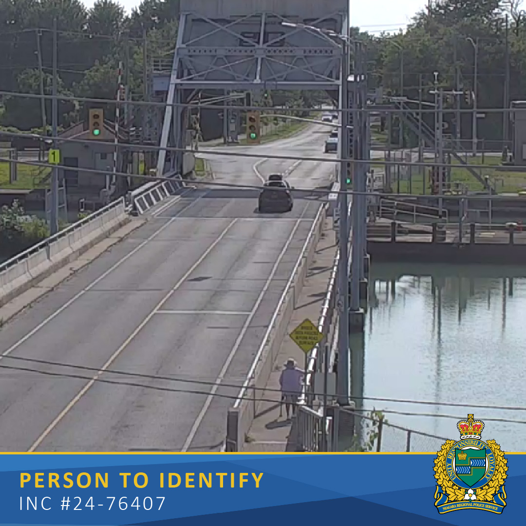 An image of  an elderly woman crossing a bridge. Text Reads Person to Identify